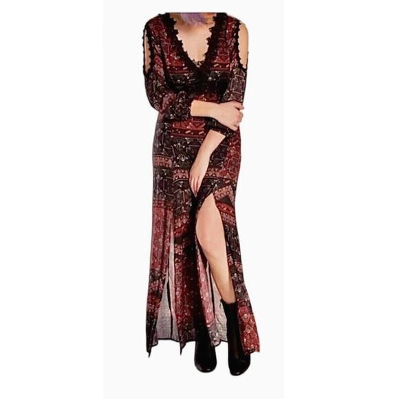Line & Dot Black Rust Aztec Lace Trim Slit Maxi Cold Shoulder Long Sleeve M - Picture 1 of 14